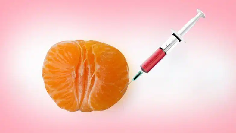 A labial puff is inserted into a tangerine using a syringe.